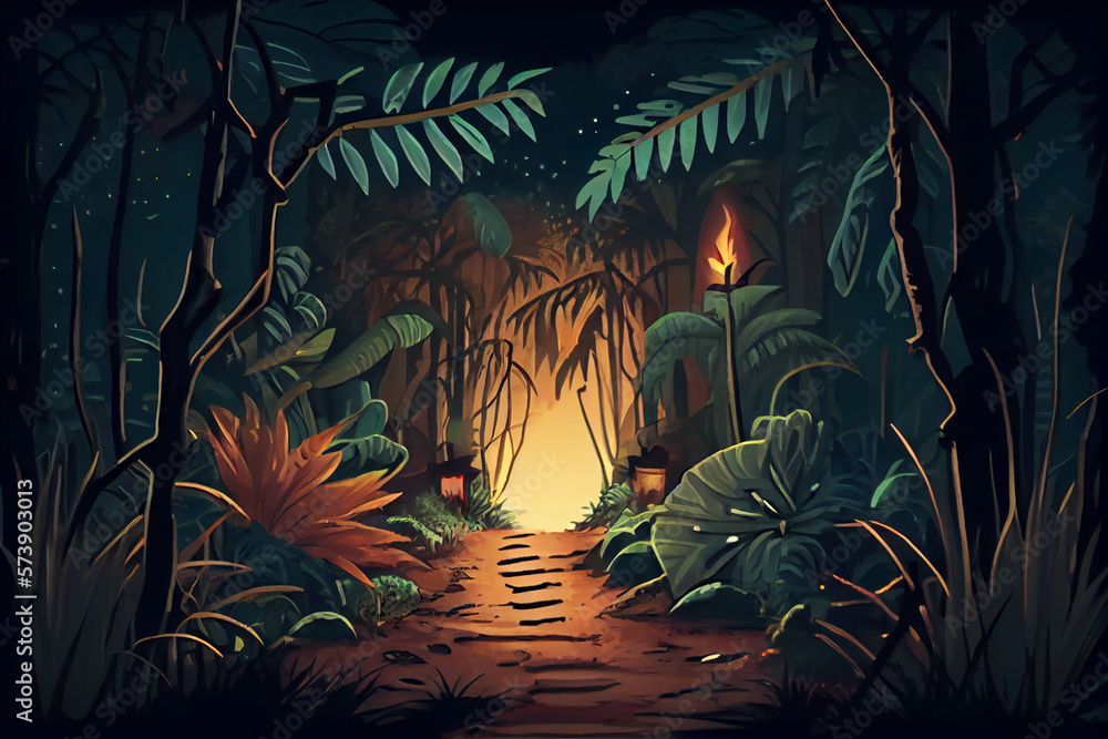 Fototapeta premium Night jungle road and end of road.