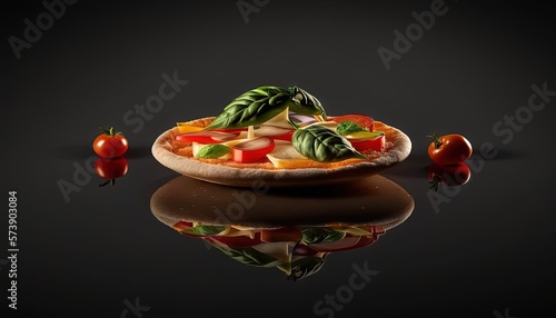  a pizza sitting on top of a table next to tomatoes and a pepperoni slice on top of a pizza crust on top of a plate. generative ai