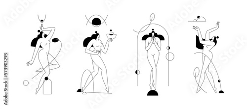 Abstract contemporary woman body vector collection. Minimal female silhouette, feminine figure, geometric shapes composition. Beauty, body care concept illustration set for logo, branding. Fine art