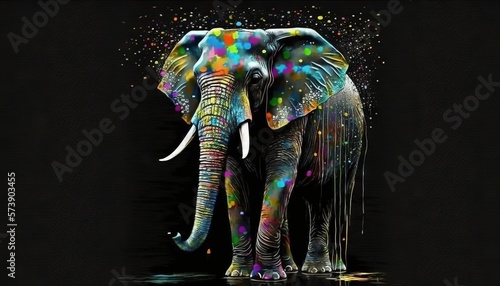  an elephant with colorful paint splatters all over it's face and trunk, standing in a dark room with a black background. generative ai