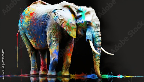 an elephant with a lot of paint all over it's body and trunk, standing in front of a black background with a reflection of it. generative ai