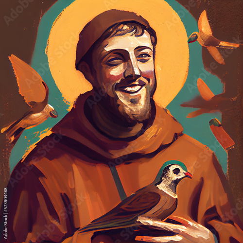St Saint Francis of Assisi art painting illustration with birds. Generative Ai. photo
