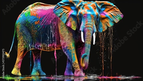  a colorful elephant standing in the water with its trunk out and it's trunk in the air with its trunk out and it's trunk in the air. generative ai