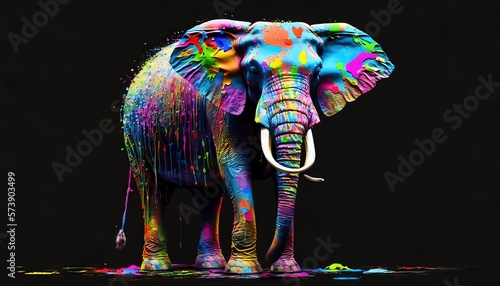  a colorful elephant standing in the dark with paint all over its body and trunk and tusks, with its tusks curled up to the side. generative ai