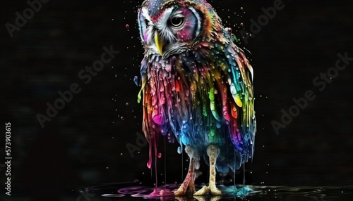  a colorful owl standing in water on a black background with a splash of paint on it's face and body, with a black background with a black backdrop. generative ai