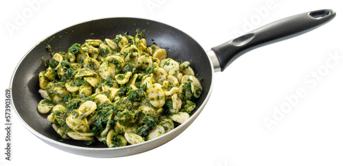 Orecchiette pasta with pan-fried turnip tops, typical Italian recipe from Puglia region photo