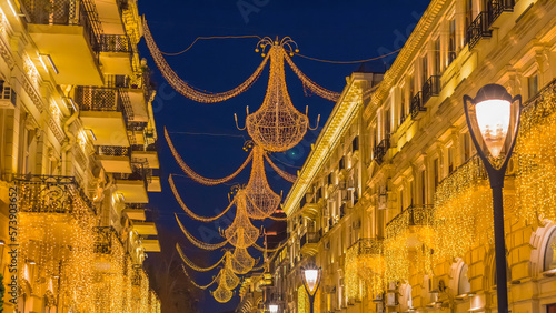 Beautiful chandeliers on Nizami street in Baku city evening time photo