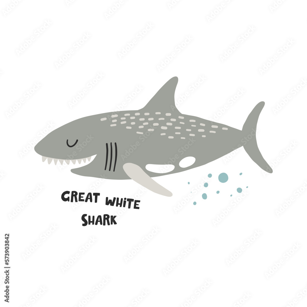 Great white shark. Hand drawn vector cartoon illustration for kids. Amusing Sea Animal
