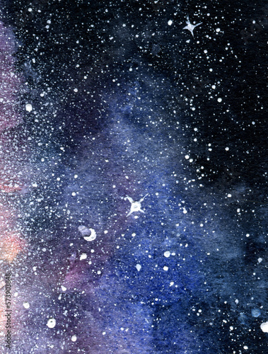 Watercolor hand drawn background of space, stars, constellation, nebula. Large resolution texture for the design of postcards, backdrops, websites, posters