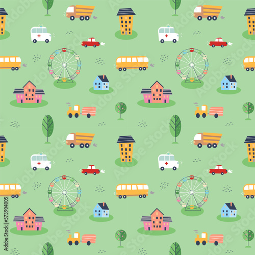 Seamless pattern with hand drawn cartoon car, hous, bus, trees, traffic light, ferris wheel. Perfect for kids fabric,textile,nursery wallpaper. Vector illustration. EPS 10