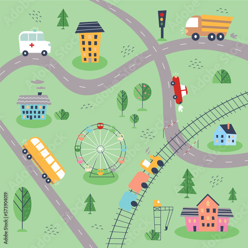 Kids City map with roads and transport. Hand drawn cars, trucks, buses, houses and roads. Vector illustration isolated on green background. EPS 10 photo