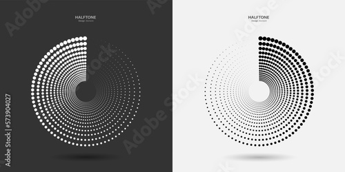 Circles of dotted halftones with a shadow on a black white background. Abstract design element. The effect of a rotating, disappearing gradient. Vector illustration.