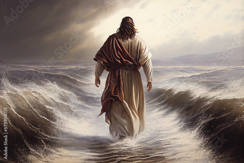 Jesus Christ walking on water on the sea of Galilee. Generative Ai..