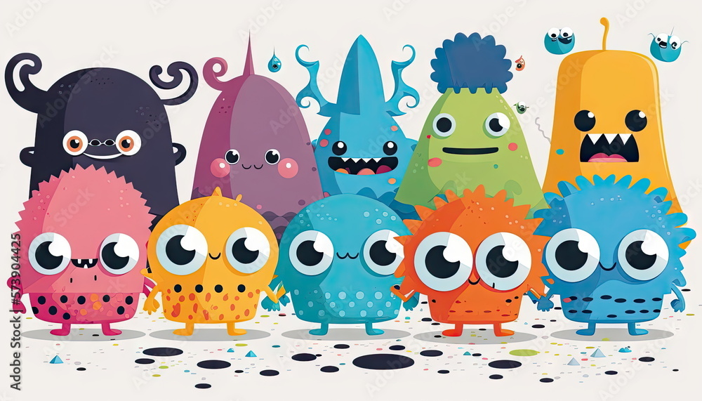 Obraz premium cute cartoon monsters, white background, vector illustration, Made by AI, Artificial intelligence
