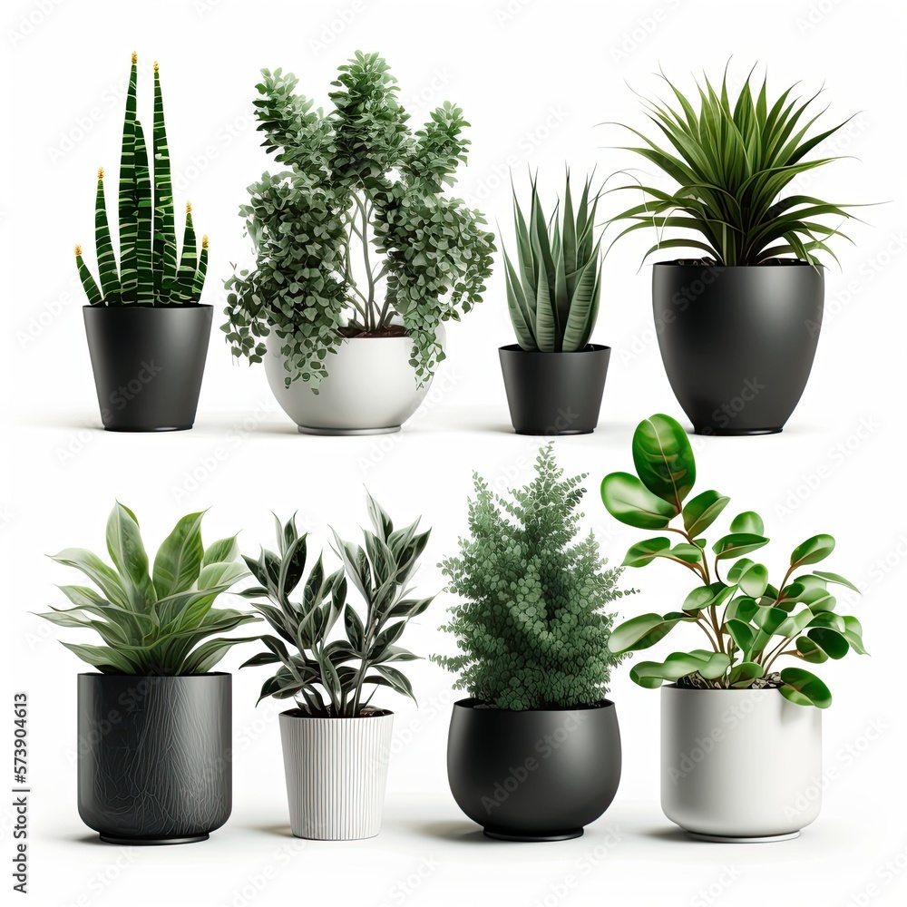 Fototapeta premium Vector set houseplant in pot, realistic front view. 3D Illustration green of indoor plant isolated on a white background. Generative AI