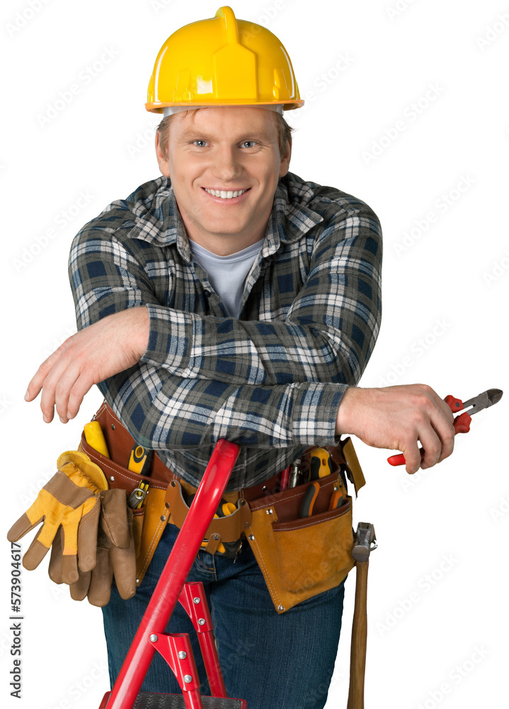 Male worker with tool belt isolated on white background Male worker with tool belt isolated on white background