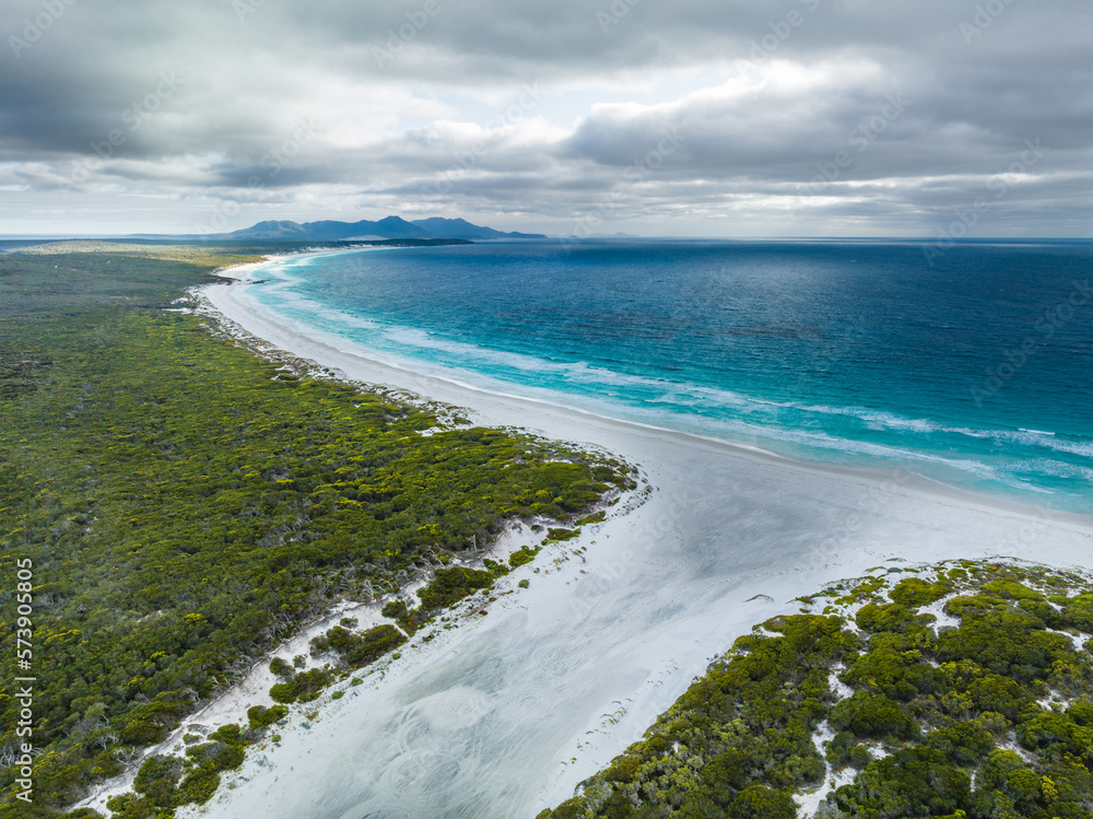 Dramatic clouds forming, aerial view along the Fitzgerald National Park coastline onto the Southern Ocean, Western Australia