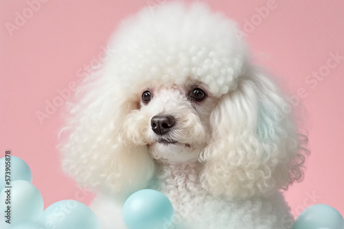 White cute poodle in pom poms on pastel pink background .Photorealistic shot generated by AI