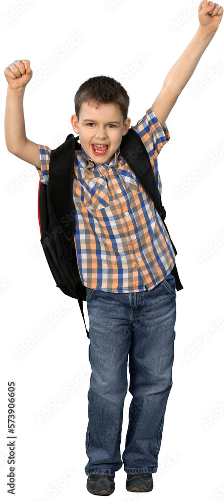 Smiling Little Boy with Arms Raised and Backpack, Isolated on Transparent Background Smiling Little Boy with Arms Raised and Backpack, Isolated on Transparent Background