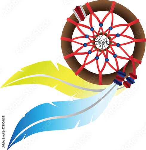 A dream catcher with yellow and blue feathers from bad dreams