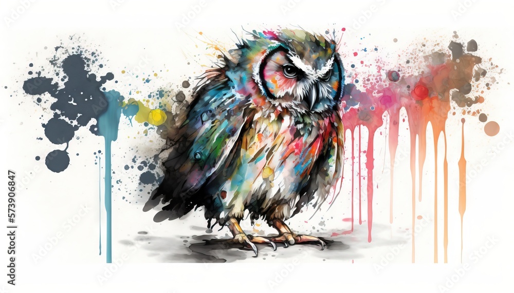  a colorful owl sitting on top of a white floor next to paint splatters and a white wall with a black and red spray paint drip.  generative ai