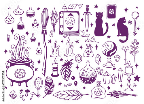 Witchcraft, magic background for witches and wizards. Vector vintage collection. Hand drawn magic tools, concept of witchcraft. Drawn magic tools: book, candles, potions, broom, crystals, cauldron.