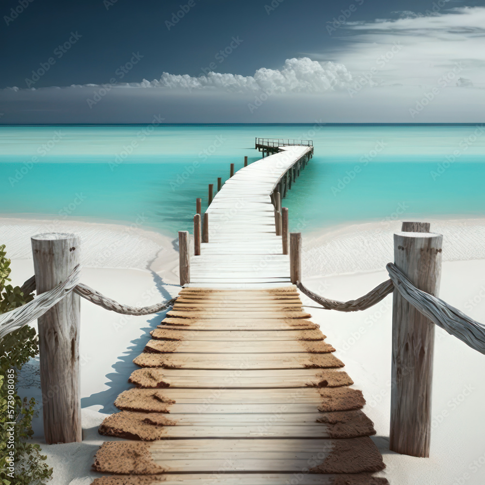 Fototapeta premium wooden jetty on tropical beach with turquoise water. summer and vacation concept. generative ai
