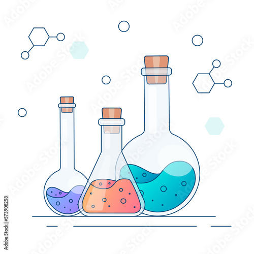 Chemical experience in the laboratory. Scientific experiment, research. Flat vector illustration