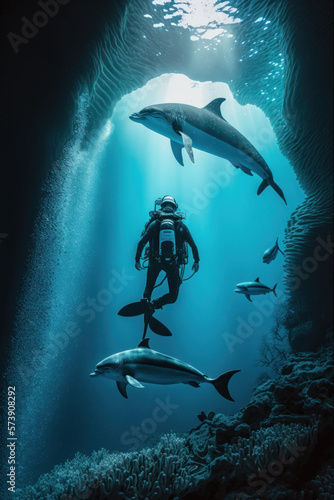 person scuba diving in coral reef with dolphins