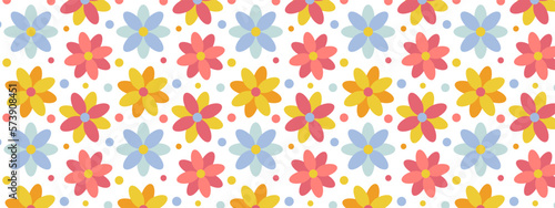 Bright flowers with colorful petals on white background. Seamless pattern for nursery, clothes, textiles, wrapping paper, postcards. Cute spring, summer background. Vector cartoon illustration