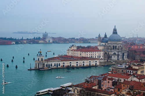 Picturesque aerial landscape view of Venice from the bell tower of the Cathedral of St. Mark. Famous touristic place and travel destination in Europe. Winter drizzle day in Venice © evgenij84
