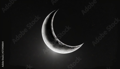  a crescent moon in the dark sky with a bright light shining on it's side and a dark background with a few stars in the sky. generative ai