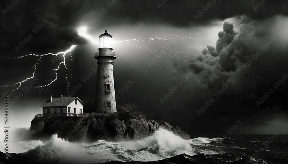  a black and white photo of a lighthouse with a lightning bolt in the sky over the ocean and a lighthouse on a rock in the water.  generative ai