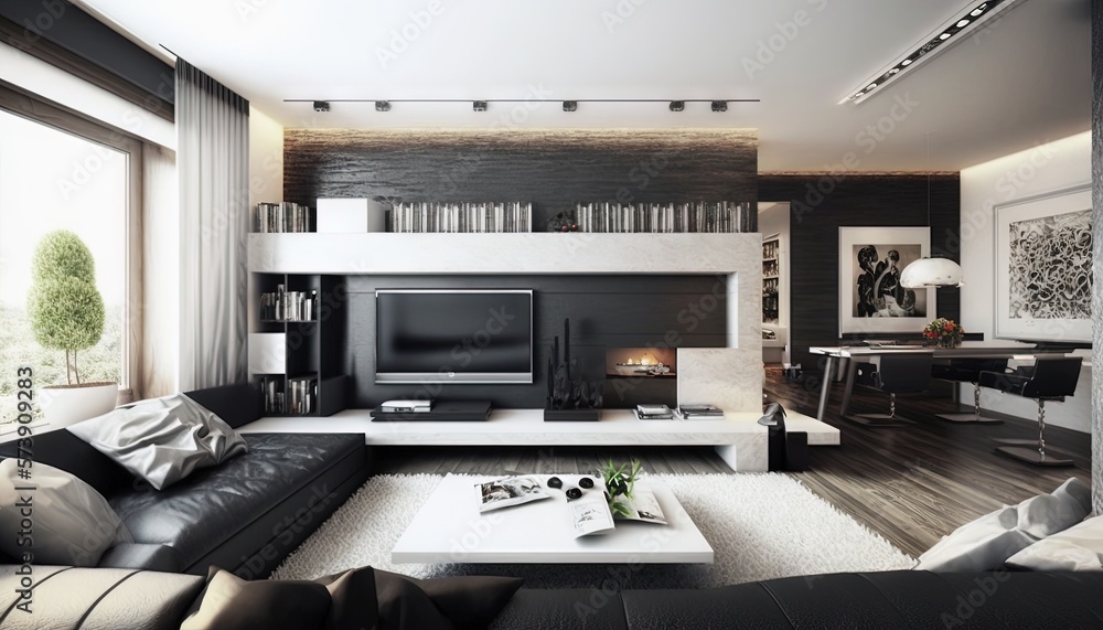 a living room with a couch, coffee table and a television on a stand in front of a window with a view of the outside. generative ai a living room with a couch, coffee table and a television on a stand in front of a window with a view of the outside. generative ai