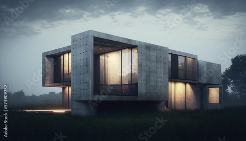  a building that is sitting in the middle of a field with grass and trees in front of it and a cloudy sky behind it and a few clouds. generative ai