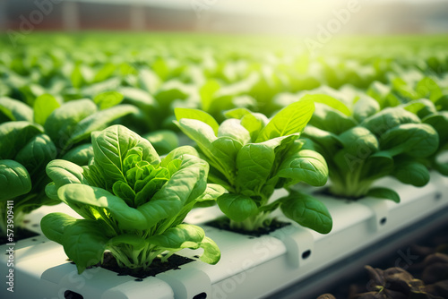 Organic lettuce and vegetable plantation  young healthy seedlings growing up in the sun. Generative ai