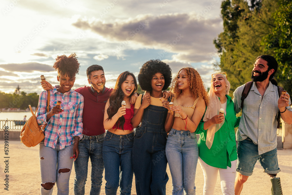 Beautiful diverse people having fun on the day outside