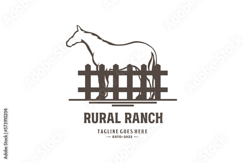 Vintage Standing Horse with Fence Logo for Countryside Rural Ranch