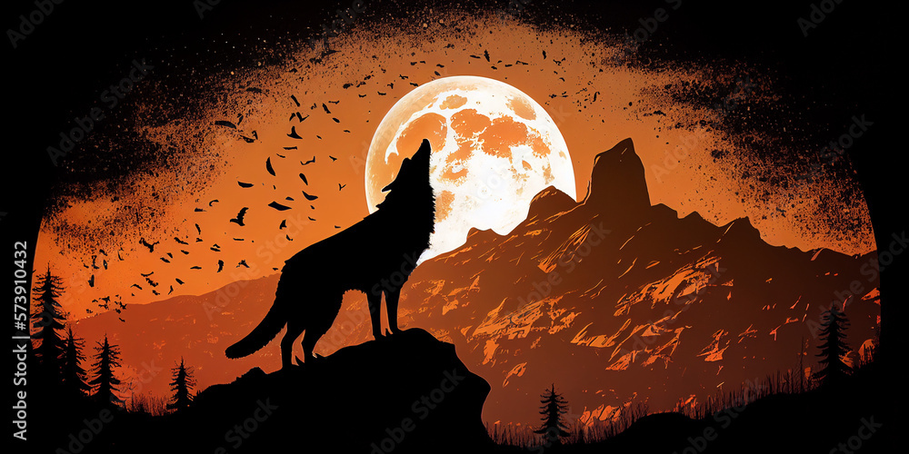 silhouette Wolf at the moon, Generative AI