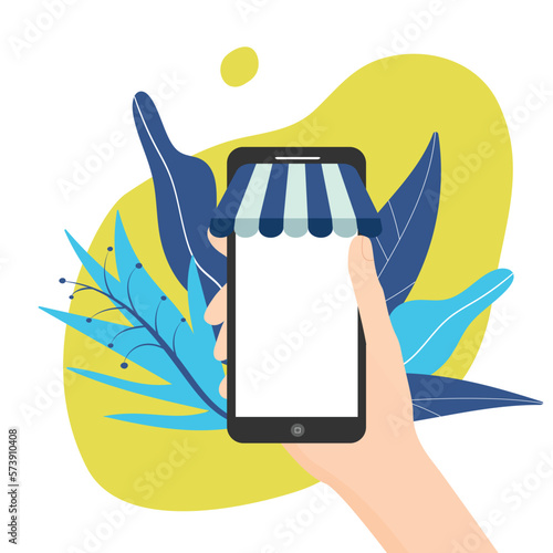 Vector illustration of hand holding smartphone with awning as shop symbol on blue foliage background. Technology online shopping UI applications development