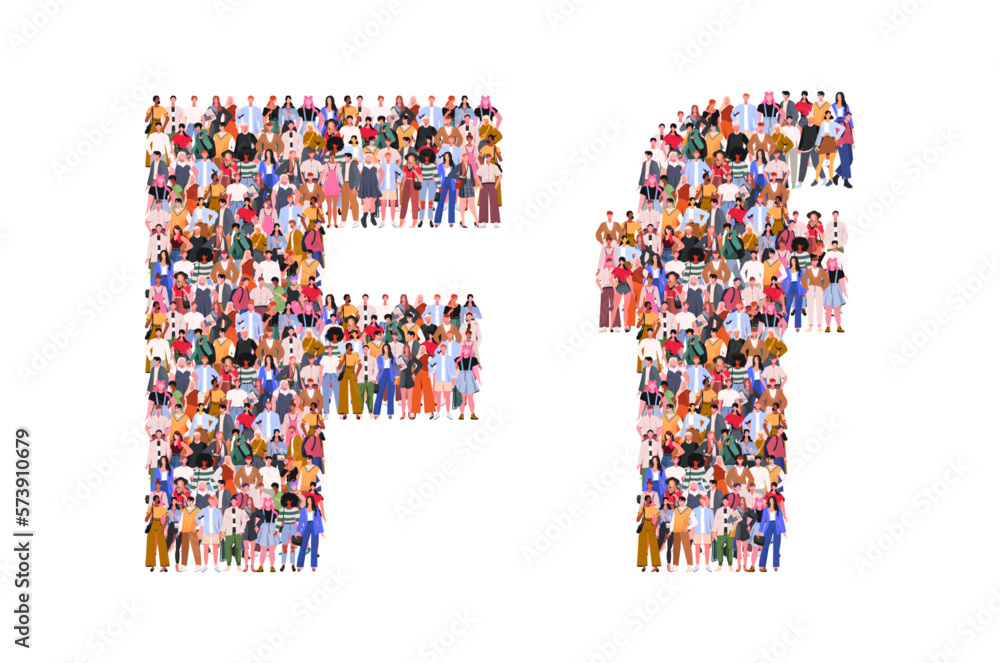 Large group of people in letter F form. Letter or alphabet F. People