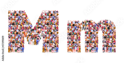 Large group of people in letter M form. People standing together. A crowd of male and female characters. Flat vector illustration isolated on white background.