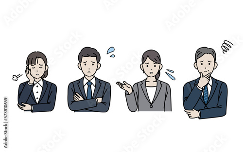 困る、不安な表情をするスーツ姿の男女のイラスト　ビジネスパーソン