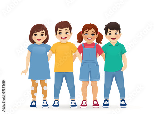 Cute different kids boys and girls standing hugging together isolated vector illustration