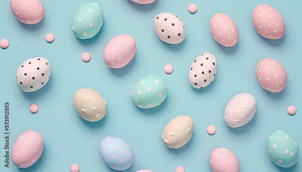  a group of pastel colored eggs on a blue surface with polka dots on them, all of which are smaller than the ones in the picture.  generative ai