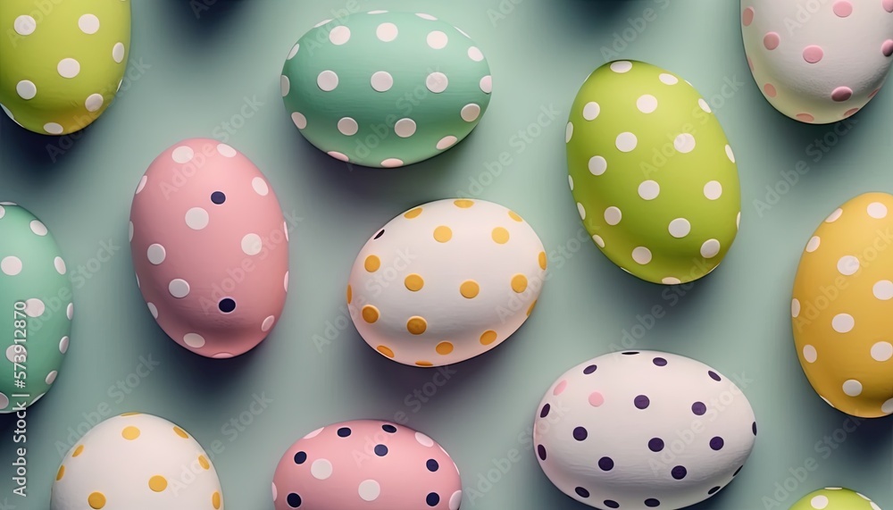  a group of painted eggs sitting on top of a table next to each other on a blue surface with white dots on them and a green background.  generative ai