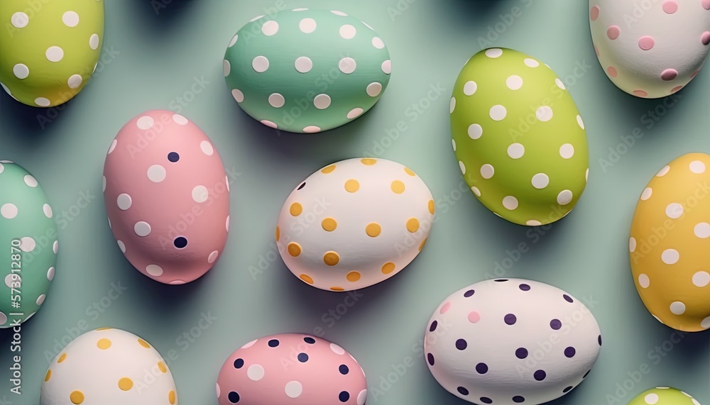 a group of painted eggs sitting on top of a table next to each other on a blue surface with white dots on them and a green background. generative ai a group of painted eggs sitting on top of a table next to each other on a blue surface with white dots on them and a green background. generative ai