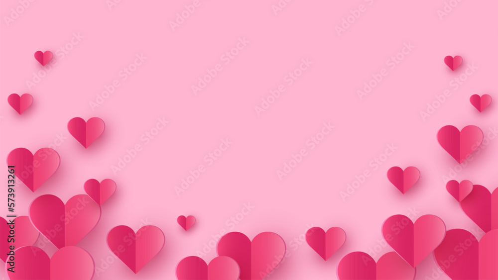 Flying paper hearts on pink background.  Symbols of love for Valentine’s Day, Mother’s Day and Women’s Day. Vector illustration