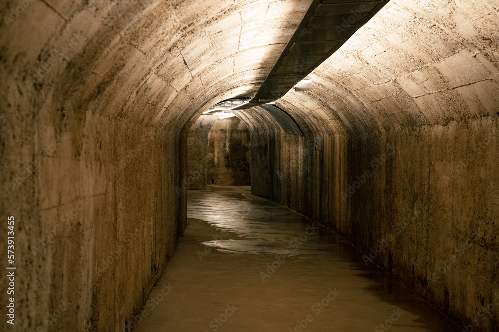 Dark tunnel of underground military shelter Zerostrasse in Pula Croatia
