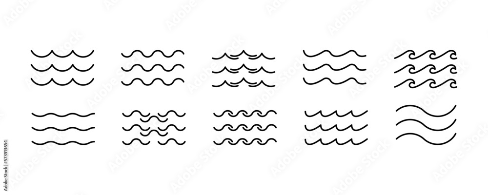 Sea wave icon set. Set of thin line waves. Various wave water lake river. Water logo, line ocean symbol in vector flat style. Seamless abstract line pattern. Water outline symbol. Sea and Ocean signs - obrazy, fototapety, plakaty 